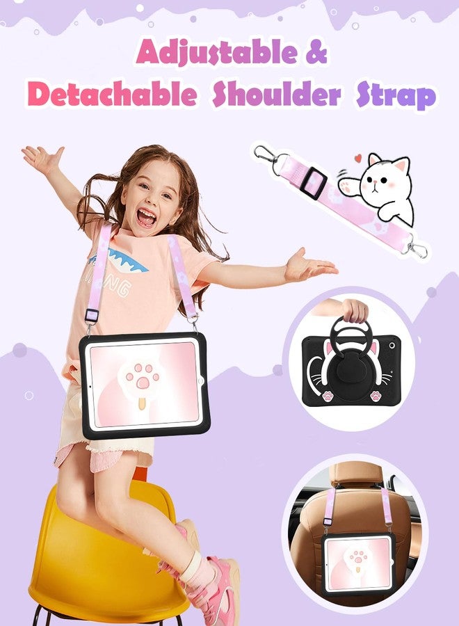 Wazzasoft جراب Wazzasoft لأجهزة iPad من الجيل التاسع/الثامن/السابع، مقاس 10.2 بوصة، بتصميم قطة سوداء لطيفة للبنات، بنمط كرتوني أنيق، مزود بمقبض دوار وحامل وحزام، مصنوع من السيليكون الناعم، متوافق مع أجهزة Apple iPad من الجيل التاسع/الثامن/السابع. - Image 3