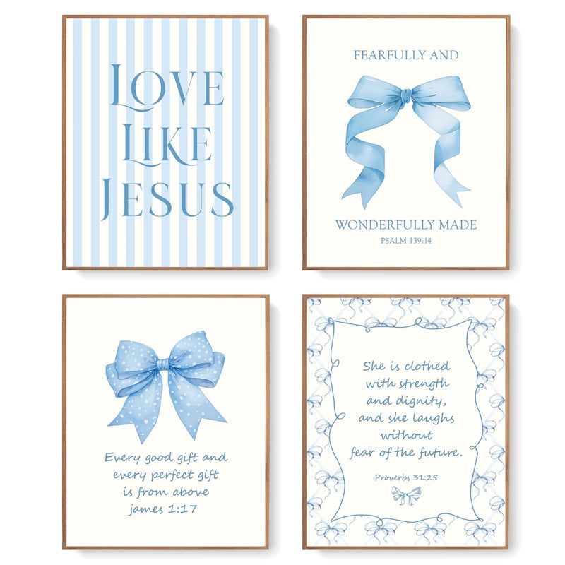 LARTSFRO Coquette Blue Bow Jesus Wall Art Decor Posters, Light Blue Bow Christian Room Bathroom Bedroom Dorm Wall Art Decor Aesthetic for College Teen Girls Gifts, Inspirational Bible Verses Bow Wall Decor, 10x8 Inch Set of 4 Bow Pictures(UNFRAMED) - Image 1