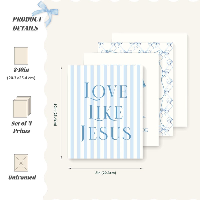 LARTSFRO Coquette Blue Bow Jesus Wall Art Decor Posters, Light Blue Bow Christian Room Bathroom Bedroom Dorm Wall Art Decor Aesthetic for College Teen Girls Gifts, Inspirational Bible Verses Bow Wall Decor, 10x8 Inch Set of 4 Bow Pictures(UNFRAMED) - Image 2