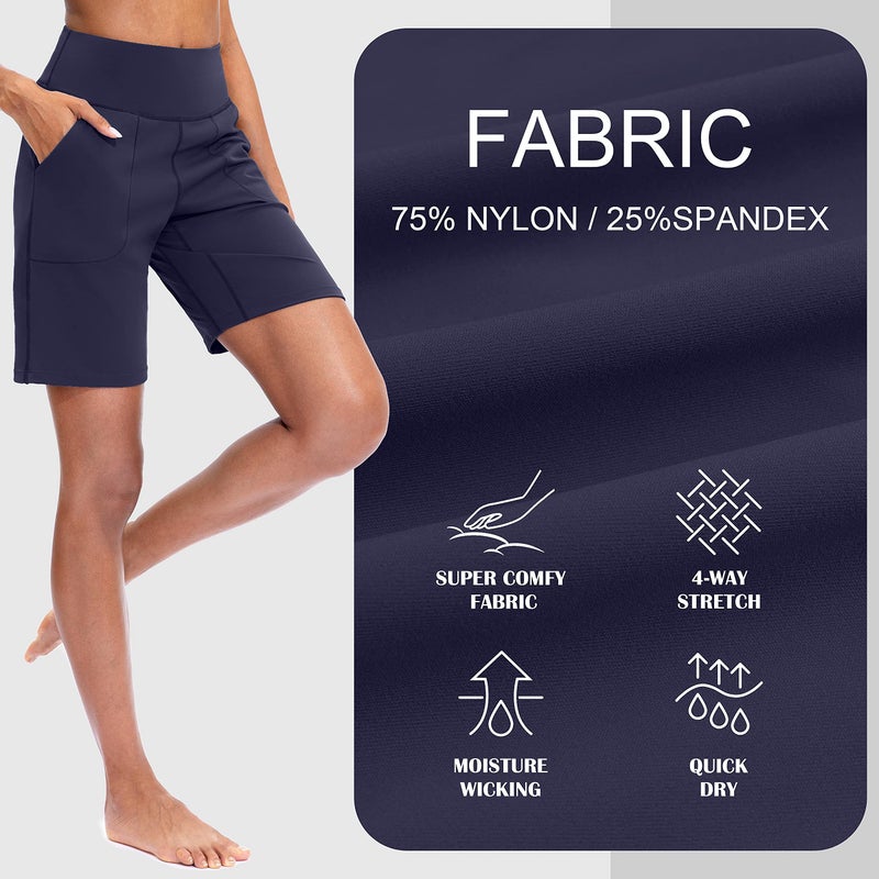SANTINY Bermuda Shorts for Women with Zipper Pocket Womens High Waisted Long Shorts for Running Workout Athletic(Navy_XL) - Image 5