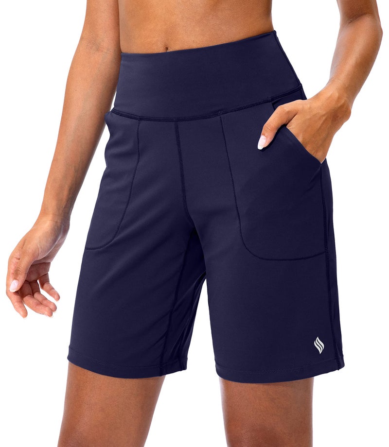 SANTINY Bermuda Shorts for Women with Zipper Pocket Womens High Waisted Long Shorts for Running Workout Athletic(Navy_XL) - Image 1
