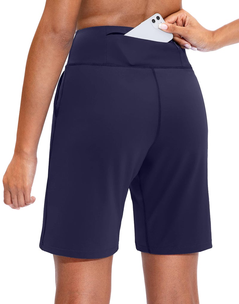 SANTINY Bermuda Shorts for Women with Zipper Pocket Womens High Waisted Long Shorts for Running Workout Athletic(Navy_XL) - Image 2