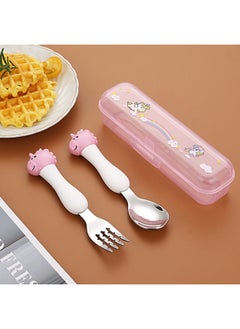 Children's 304 Stainless Steel Portable Tableware Cartoon Spoon Fork Learning And Training Chopsticks Dinosaur Baby Fork Spoon Set-Specifications:Tableware-Color:[Large] White Handle Unicorn Fork Spoon Set
