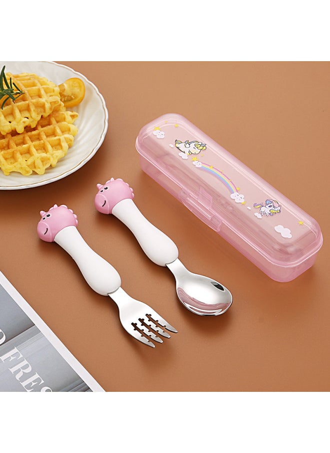 Generic - Children's 304 Stainless Steel Portable Tableware Cartoon Spoon Fork Learning And Training Chopsticks Dinosaur Baby Fork Spoon Set-Specifications:Tableware-Color:[Large] White Handle Unicorn Fork Spoon Set - Image 1