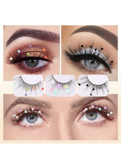 LuckNest 3 Pairs False Eyelashes, Festival Styles Dramatic Glitter Sequin Lashes with Cute Colorful Black Heart/Colorful Flower Lashes for Decorative Christmas New Year Halloweens Cosplay Party  - Image 1