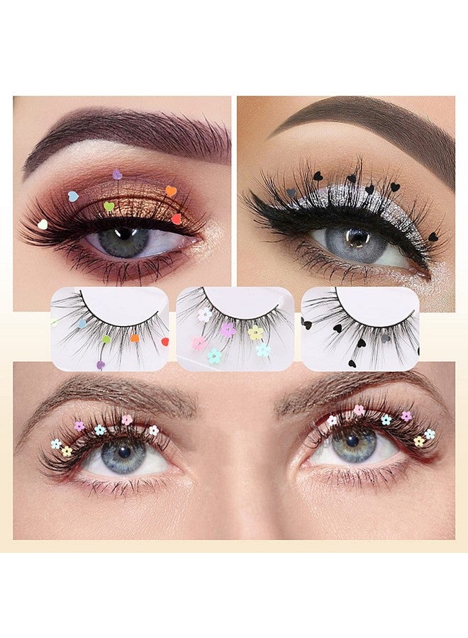 LuckNest 3 Pairs False Eyelashes, Festival Styles Dramatic Glitter Sequin Lashes with Cute Colorful Black Heart/Colorful Flower Lashes for Decorative Christmas New Year Halloweens Cosplay Party - Image 1