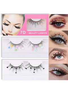 LuckNest 3 Pairs False Eyelashes, Festival Styles Dramatic Glitter Sequin Lashes with Cute Colorful Black Heart/Colorful Flower Lashes for Decorative Christmas New Year Halloweens Cosplay Party  - Image 2