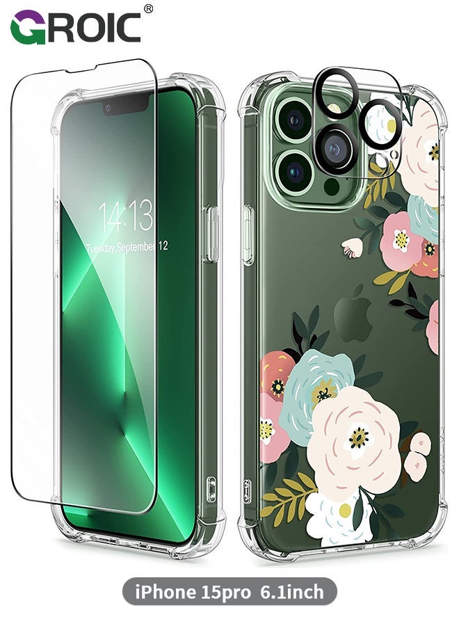 GROIC Designed for iPhone 15 Pro Case, Clear with Floral Pattern Design, Shockproof Protective Cover with Screen Protector + Camera Lens Protector,Phone Shell for iPhone 15 Pro 6.1 Inch - Image 1