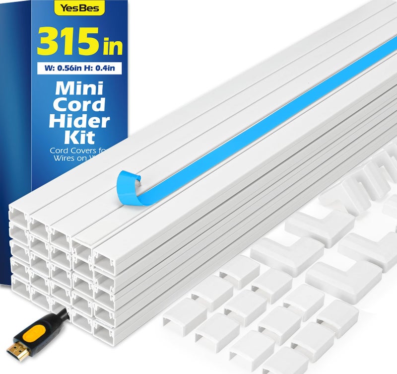 YesBes 315in Cord Hider Kit, Cord Covers for Wires on Wall, Cord Hider for Wall Mount tv, tv Cable Hider Wall kit, Paintable Cable Raceway, Wire Covers for Cords, 20X L15.7in X W0.59in X H0.4in, White - Image 1