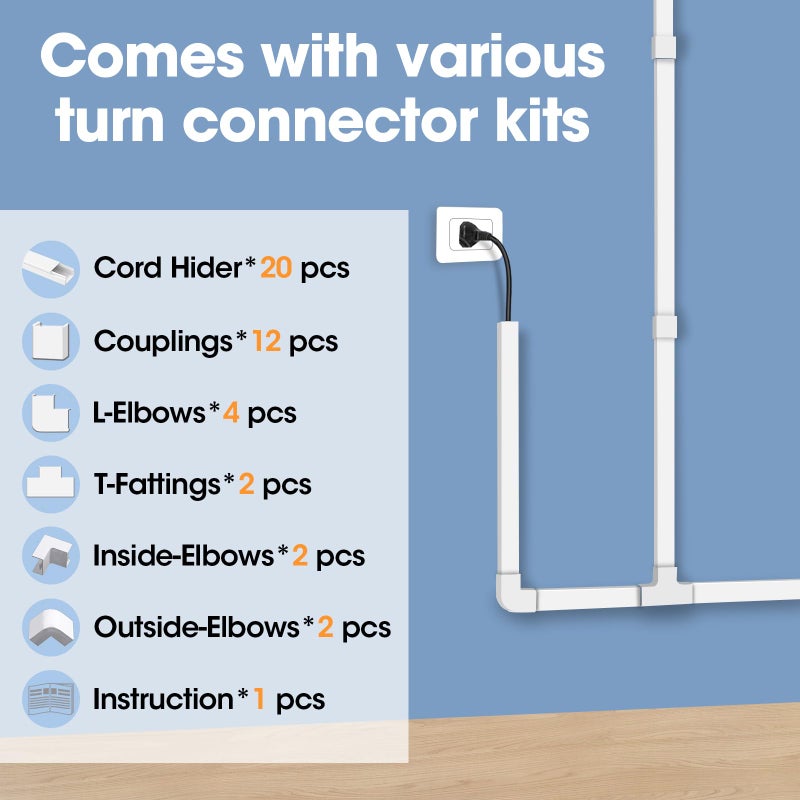 YesBes 315in Cord Hider Kit, Cord Covers for Wires on Wall, Cord Hider for Wall Mount tv, tv Cable Hider Wall kit, Paintable Cable Raceway, Wire Covers for Cords, 20X L15.7in X W0.59in X H0.4in, White - Image 4