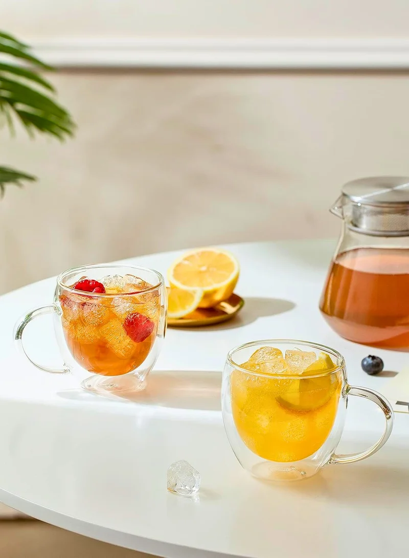 1Chase Double Wall Glass Cups with Handle – 250ML Set of 2 | Heat-Resistant Insulated Mugs for Coffee, Tea, Espresso & Cold Beverages