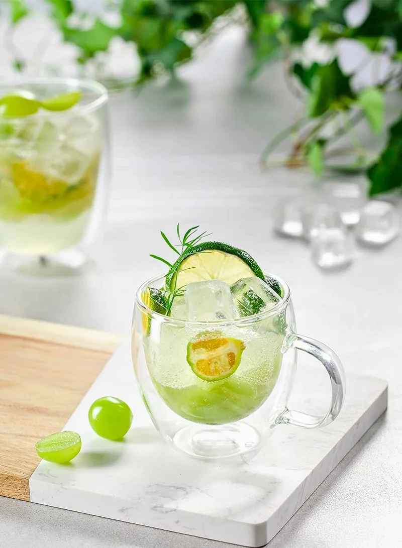 1Chase Double Wall Glass Cups with Handle – 250ML Set of 2 | Heat-Resistant Insulated Mugs for Coffee, Tea, Espresso & Cold Beverages