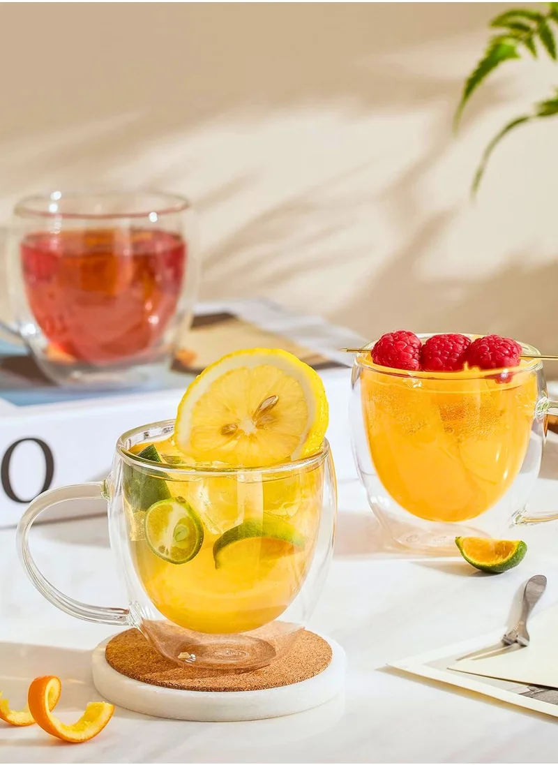 1Chase Double Wall Glass Cups with Handle – 250ML Set of 2 | Heat-Resistant Insulated Mugs for Coffee, Tea, Espresso & Cold Beverages