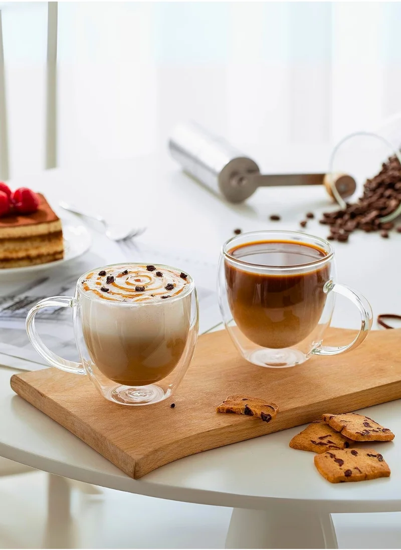 1Chase Double Wall Glass Cups with Handle – 250ML Set of 2 | Heat-Resistant Insulated Mugs for Coffee, Tea, Espresso & Cold Beverages