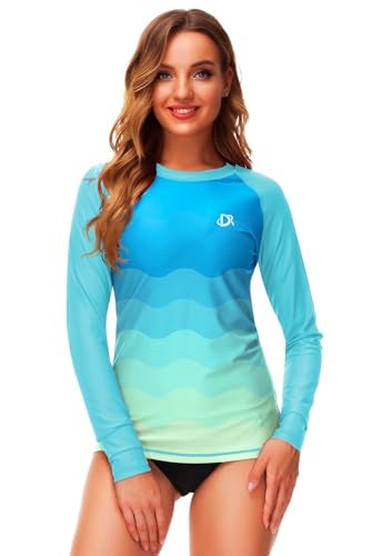Deerose Gradient Rash Guard for Women UPF 50+ Long Sleeve SPF Surf Swim Shirts Swimsuit Aqua Blue S - Image 4