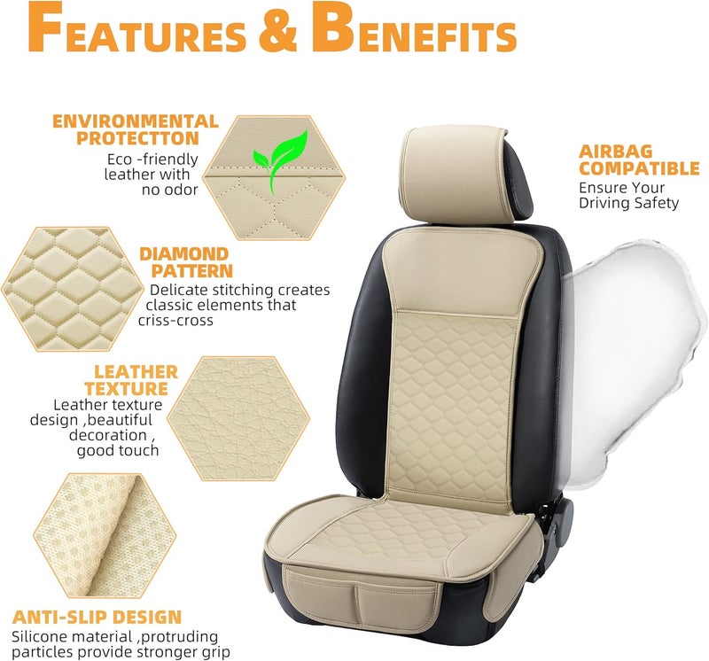 Elantrip Auto Car Seat Covers Leather Protector for Women - Airbag Compatible Diamond Pattern PU Seat Cover - Universal Fit 2PCs Beige - Image 3