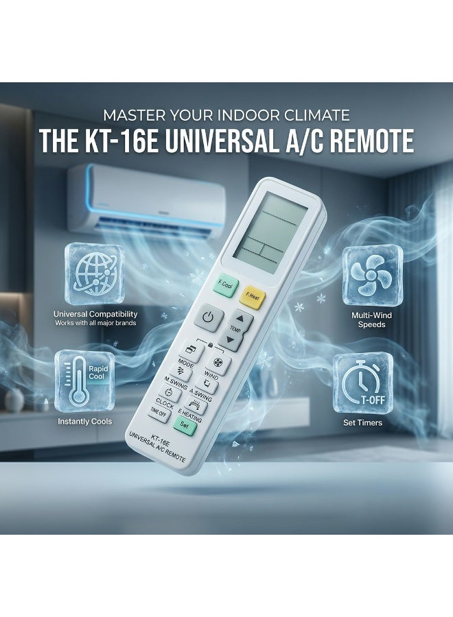 KT-16E Universal AC Remote Control with Digital LCD Screen, Compatible with Most Major Air Conditioner Brands, Features Precision Temperature Control, Adjustable Wind Speed, Smart Timer Function, Easy Setup, and Energy-Efficient Operation - Image 4