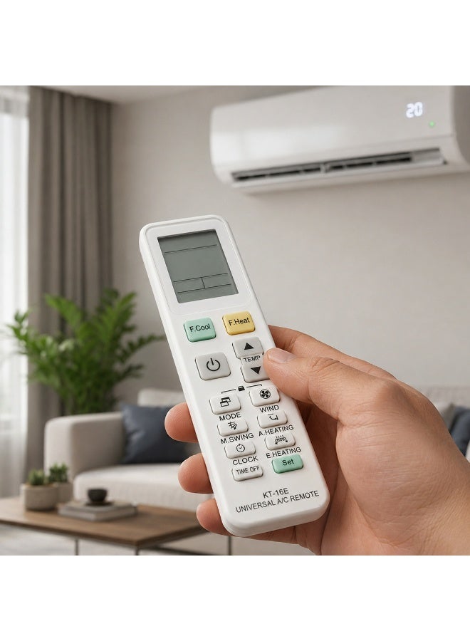 KT-16E Universal AC Remote Control with Digital LCD Screen, Compatible with Most Major Air Conditioner Brands, Features Precision Temperature Control, Adjustable Wind Speed, Smart Timer Function, Easy Setup, and Energy-Efficient Operation - Image 1