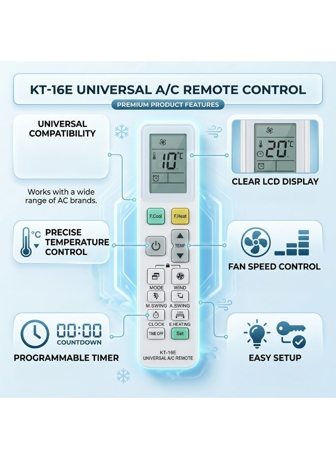KT-16E Universal AC Remote Control with Digital LCD Screen, Compatible with Most Major Air Conditioner Brands, Features Precision Temperature Control, Adjustable Wind Speed, Smart Timer Function, Easy Setup, and Energy-Efficient Operation - Image 5