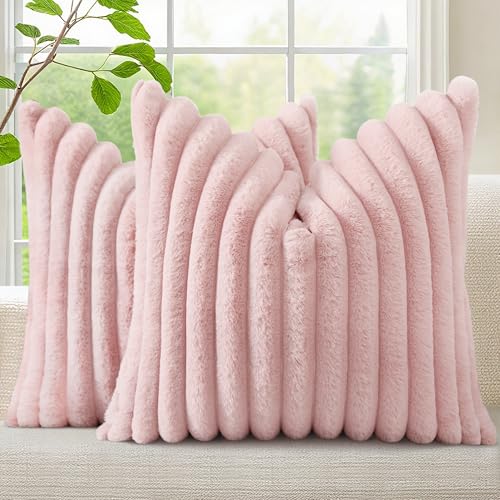 decorUhome Summer Cozy Faux Fur Throw Pillow Covers 18x18 Set of 2 Decorative Soft Plush Striped Modern Farmhouse Boho Couch Pillow Cases with Velvet Back for Sofa Bed Living Room Pink - Image 1