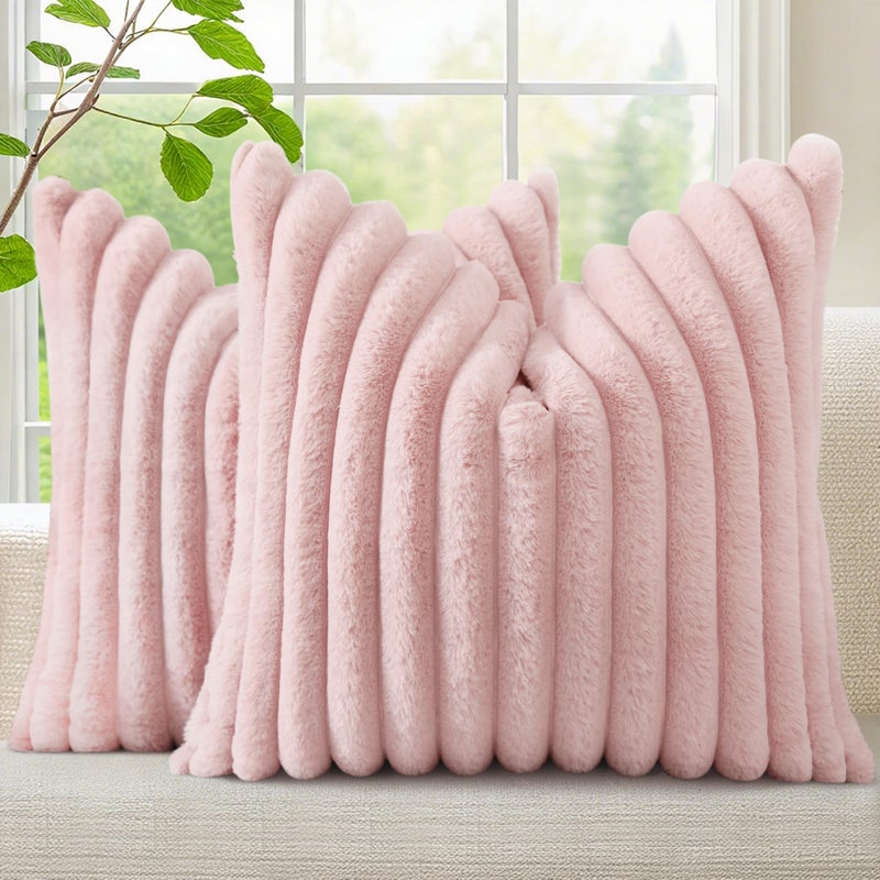 decorUhome Summer Cozy Faux Fur Throw Pillow Covers 18x18 Set of 2 Decorative Soft Plush Striped Modern Farmhouse Boho Couch Pillow Cases with Velvet Back for Sofa Bed Living Room Pink - Image 2