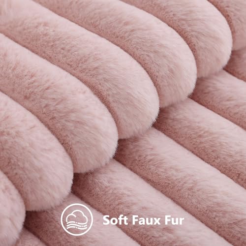 decorUhome Summer Cozy Faux Fur Throw Pillow Covers 18x18 Set of 2 Decorative Soft Plush Striped Modern Farmhouse Boho Couch Pillow Cases with Velvet Back for Sofa Bed Living Room Pink - Image 3