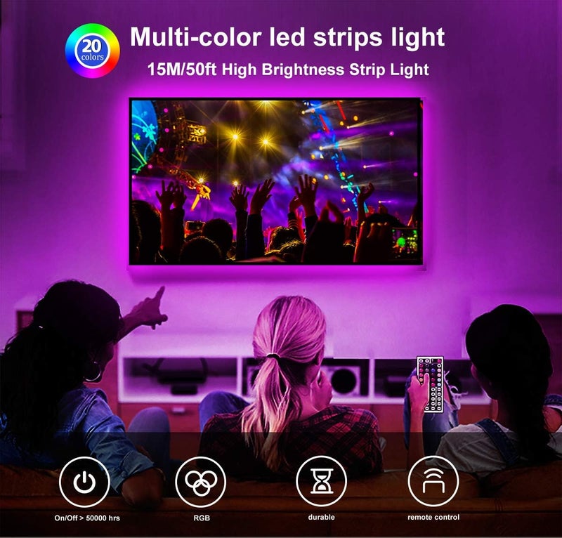 DAYBETTER Led Strip Lights 50ft, Color Changing Led Light Strip with Remote Control, 5050 RGB Strip Lighting Suitable for Home Decor, Living Room, Kitchen, Home Party Decoration - Image 2