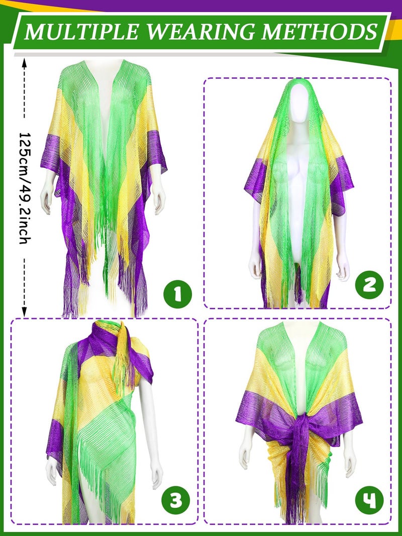 BOARDFEB 2 Pcs Mardi Gras Shawl Scarf Gold Green Purple Poncho Outfits for Women Mardi Gras Outdoor Party Holiday Masquerade Costume Accessories(Glitter and Stripe) - Image 2