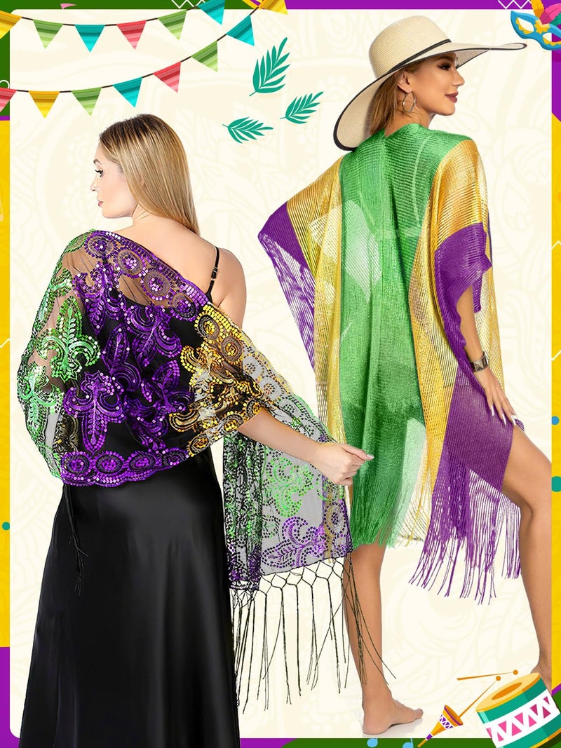 BOARDFEB 2 Pcs Mardi Gras Shawl Scarf Gold Green Purple Poncho Outfits for Women Mardi Gras Outdoor Party Holiday Masquerade Costume Accessories(Glitter and Stripe) - Image 5