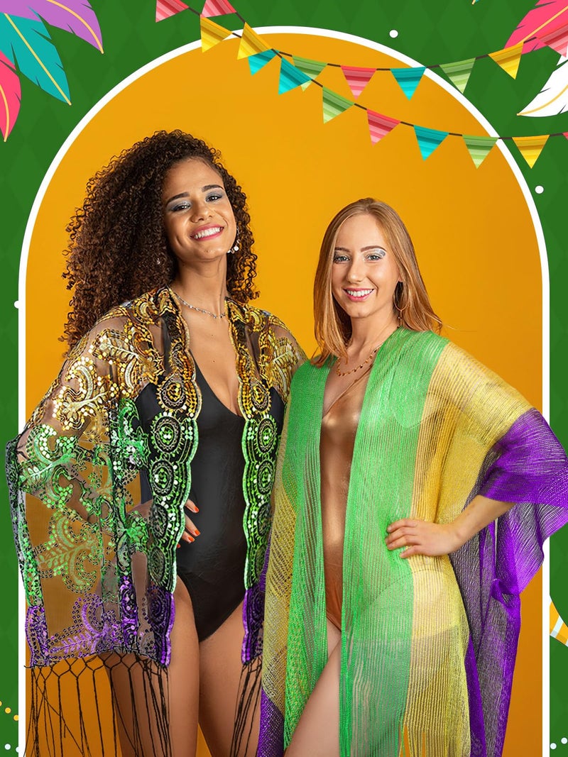 BOARDFEB 2 Pcs Mardi Gras Shawl Scarf Gold Green Purple Poncho Outfits for Women Mardi Gras Outdoor Party Holiday Masquerade Costume Accessories(Glitter and Stripe) - Image 4