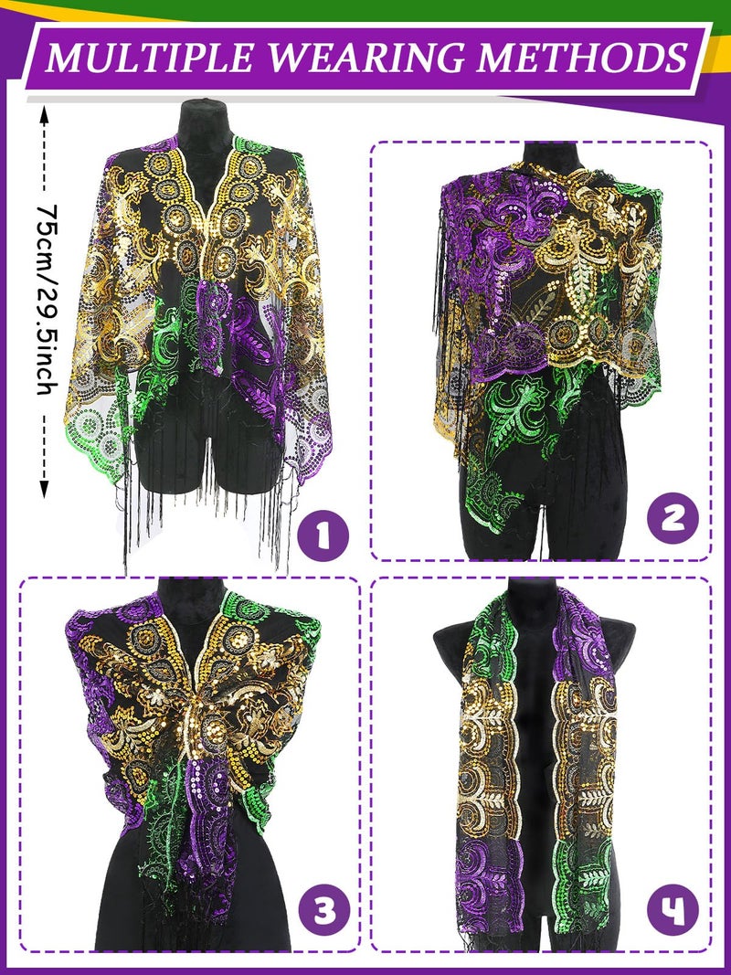 BOARDFEB 2 Pcs Mardi Gras Shawl Scarf Gold Green Purple Poncho Outfits for Women Mardi Gras Outdoor Party Holiday Masquerade Costume Accessories(Glitter and Stripe) - Image 3