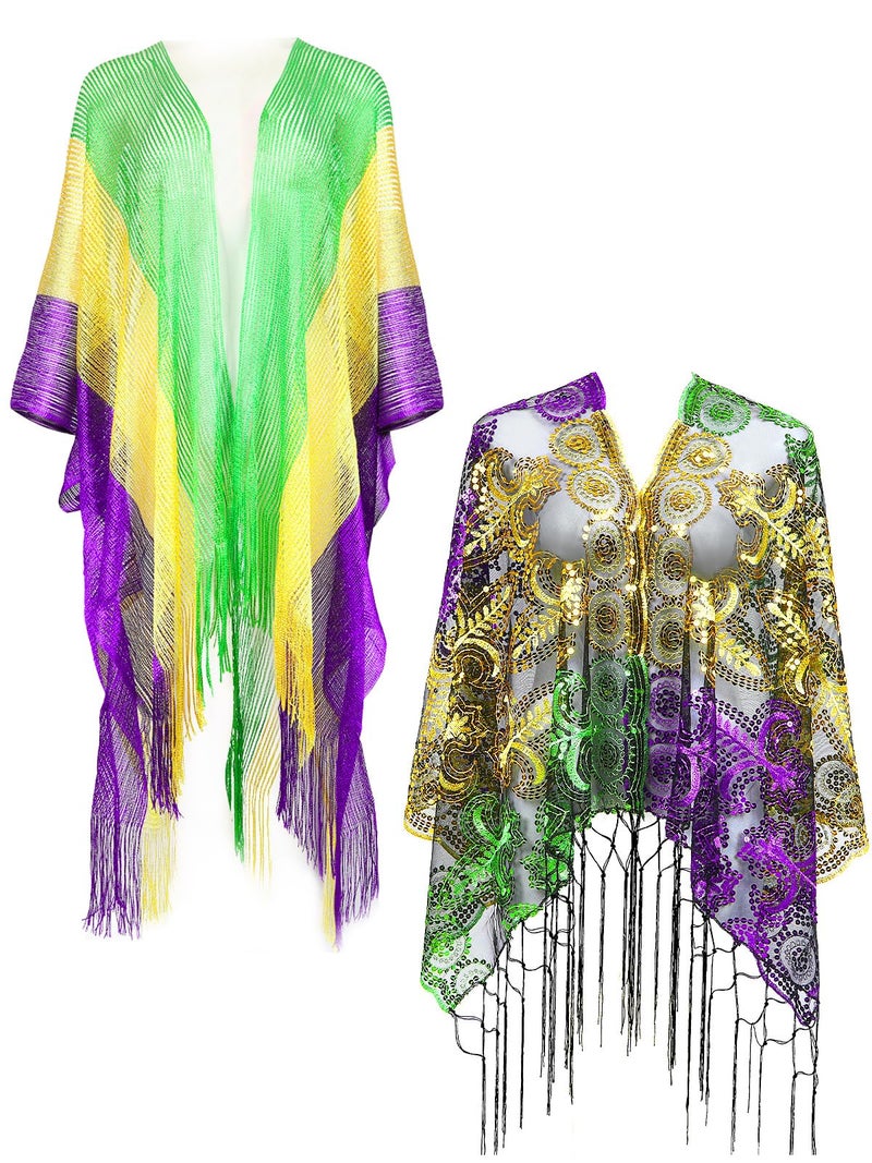 BOARDFEB 2 Pcs Mardi Gras Shawl Scarf Gold Green Purple Poncho Outfits for Women Mardi Gras Outdoor Party Holiday Masquerade Costume Accessories(Glitter and Stripe) - Image 1