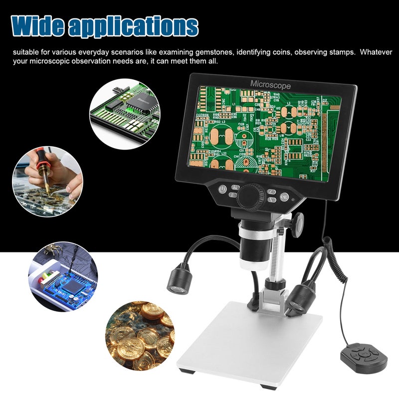 B1200 Digital Microscope 7 Inch Large Color Screen Large Base LCD Display 12MP 1-1200X Continuous Amplification Magnifier with Metal Stand and Two Auxiliary Lights - Image 2