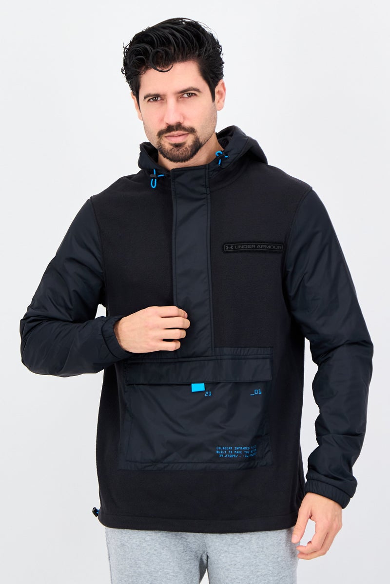 UNDER ARMOUR جاكيت خارجي بغطاء رأس بأكمام طويلة فضفاضة للرجال، أسود - Image 1