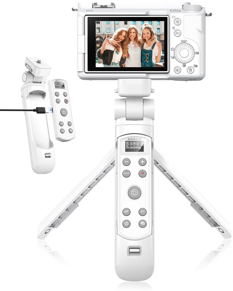 AODELAN for Sony Tripod with Rechargeable Remote Control - Aodelan Wireless Shooting Grip Mini Tripod with OLED Screen for Vlogging for ZV-E10,ZV-1F,RX100 VII,a6100,a6400,a9 II; Replace Sony GP-VPT2BT(White) - Image 1