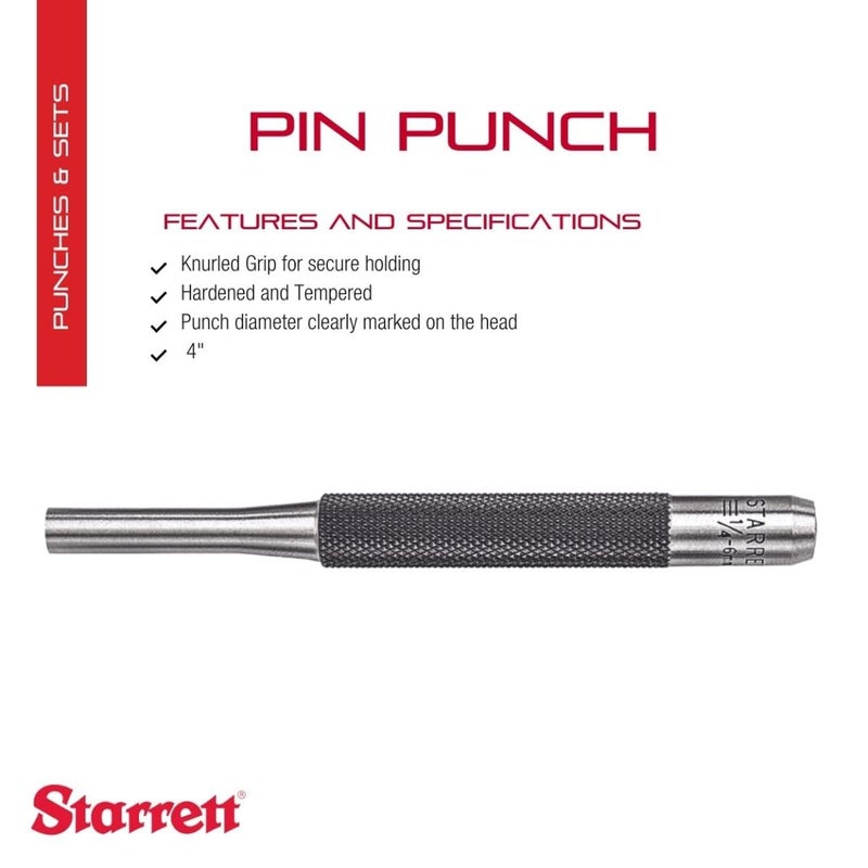 Starrett Drive Pin Punch with Knurled Grip for Driving Pins Into or Out of a Workpiece - Hardened and Tempered Steel, 4" Length, 1/4" Punch Diameter - 565G - Image 2