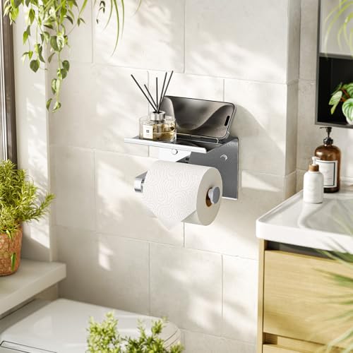 Tindbea Toilet Paper Holder with Phone Shelf, Adhesive or Screw Wall Mount Toilet Tissue Roll Holder, Rustproof & Multifunctional Stainless Steel Bathroom Storage Dispenser (Polished Chrome) - Image 2