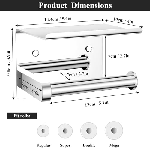 Tindbea Toilet Paper Holder with Phone Shelf, Adhesive or Screw Wall Mount Toilet Tissue Roll Holder, Rustproof & Multifunctional Stainless Steel Bathroom Storage Dispenser (Polished Chrome) - Image 3