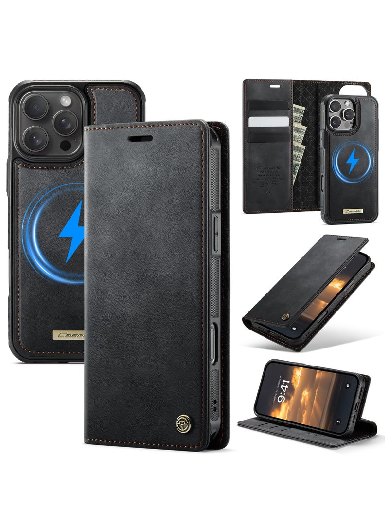 CaseMe Phone Case Cover Luxury PU Leather Design Flip Cover Card Slot Holder Support Magnetic wireless charging Back Cover detachable Compatible with IPhone 16 Pro Max  ( Black ) - Image 1