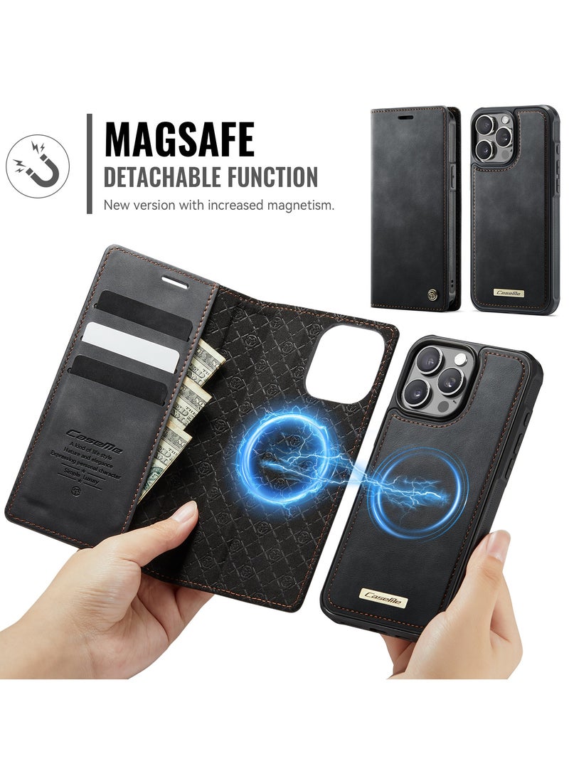CaseMe Phone Case Cover Luxury PU Leather Design Flip Cover Card Slot Holder Support Magnetic wireless charging Back Cover detachable Compatible with IPhone 16 Pro Max  ( Black ) - Image 2