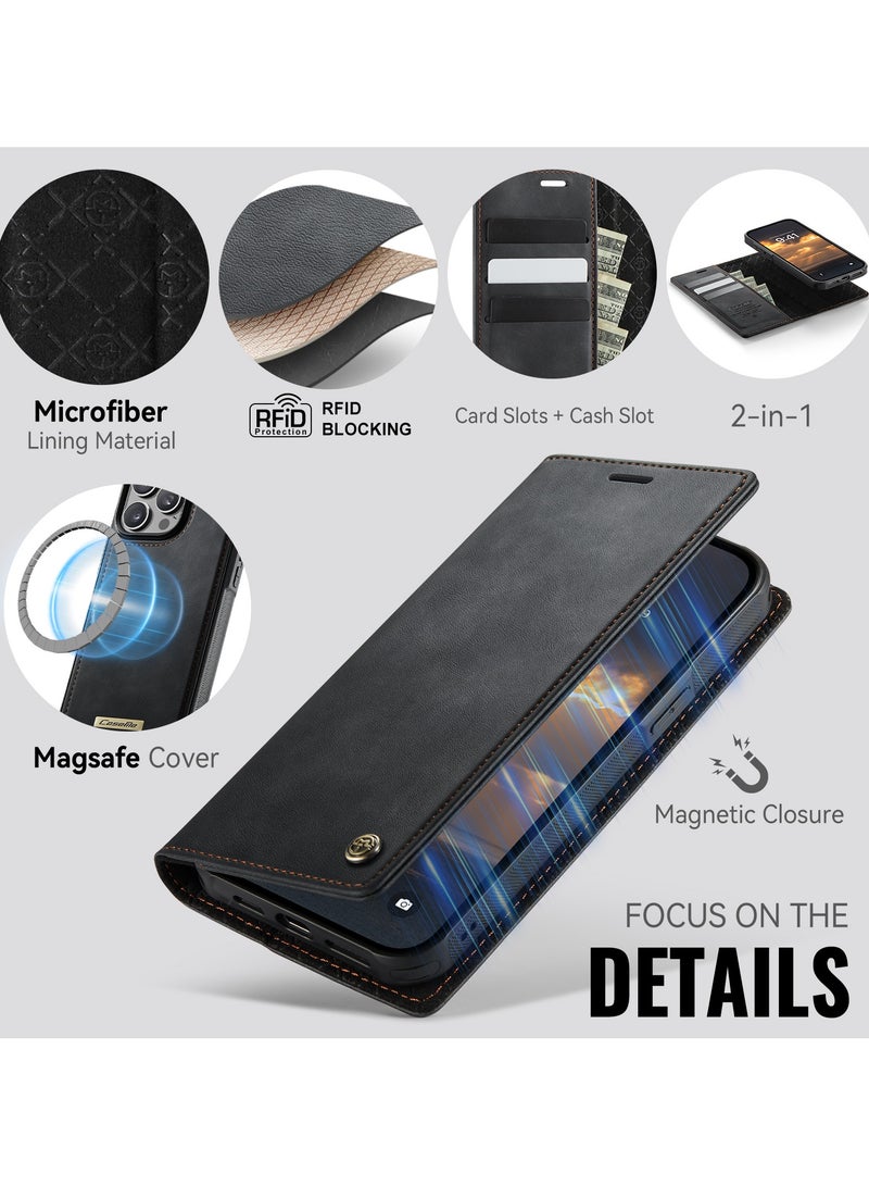 CaseMe Phone Case Cover Luxury PU Leather Design Flip Cover Card Slot Holder Support Magnetic wireless charging Back Cover detachable Compatible with IPhone 16 Pro Max  ( Black ) - Image 3
