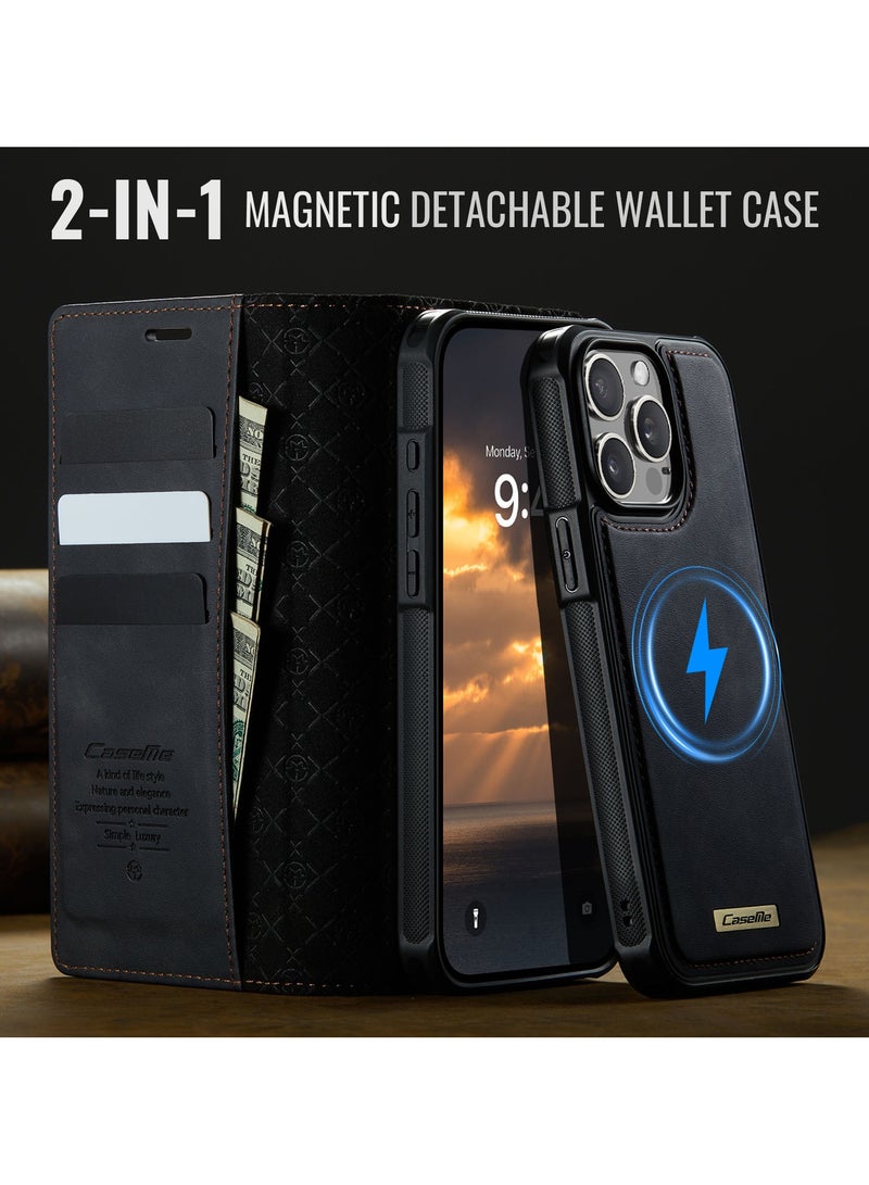 CaseMe Phone Case Cover Luxury PU Leather Design Flip Cover Card Slot Holder Support Magnetic wireless charging Back Cover detachable Compatible with IPhone 16 Pro Max  ( Black ) - Image 5