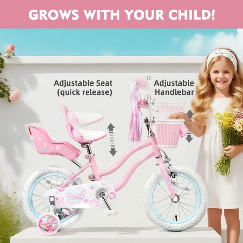 Glerc Petal Girls Bike, 12 Inch Kids Bike for Ages 2-4 Years Old, Princess Style Toddler Bike with Training Wheels & Basket & Streamers, Pink - Image 4