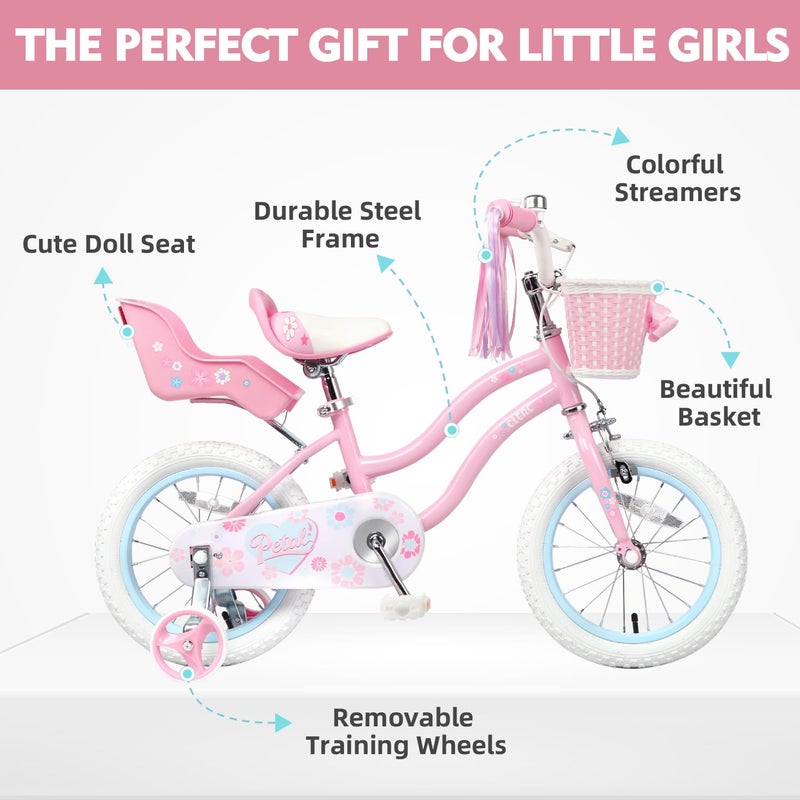 Glerc Petal Girls Bike, 12 Inch Kids Bike for Ages 2-4 Years Old, Princess Style Toddler Bike with Training Wheels & Basket & Streamers, Pink - Image 2