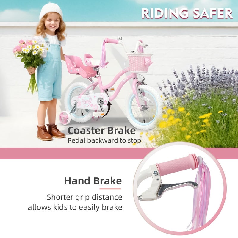 Glerc Petal Girls Bike, 12 Inch Kids Bike for Ages 2-4 Years Old, Princess Style Toddler Bike with Training Wheels & Basket & Streamers, Pink - Image 3