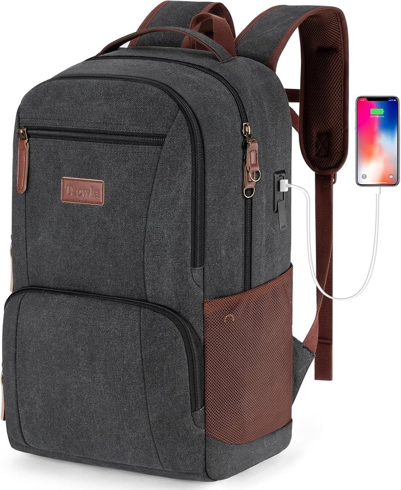 Tzowla Canvas Laptop College Backpack for Men and Women,Travel Work Rucksack with USB/Type-C Port Fit 15.6 inch Notebook - Image 1