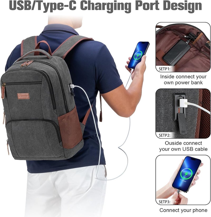 Tzowla Canvas Laptop College Backpack for Men and Women,Travel Work Rucksack with USB/Type-C Port Fit 15.6 inch Notebook - Image 3