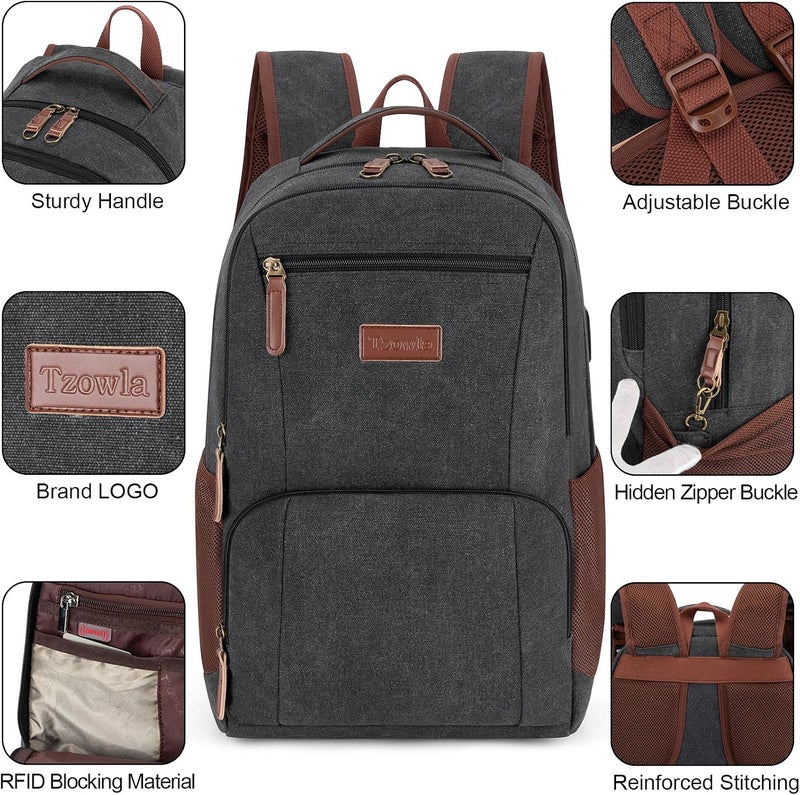 Tzowla Canvas Laptop College Backpack for Men and Women,Travel Work Rucksack with USB/Type-C Port Fit 15.6 inch Notebook - Image 4