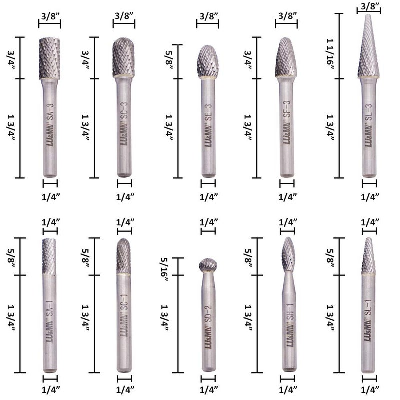 LU&MN Die Grinder Bits, Double Cut Solid Carbide Rotary Burrs Set with 1/4 Inch Shank for Metal Carving, Polishing, Engraving, and Drilling (10 Pcs-Set) - Image 2