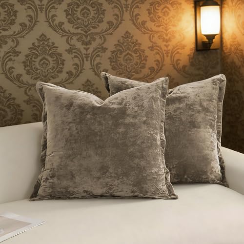 LR Rocaloca Greek Velvet Euro Sham Covers Set of 2 26x26 Luxury Soft Solid Pillow Covers for Living Room Bedroom Yard,Brown - Image 1